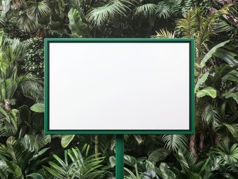 Empty billboard surrounded by lush green tropical foliage, ideal for advertising or creative displays.