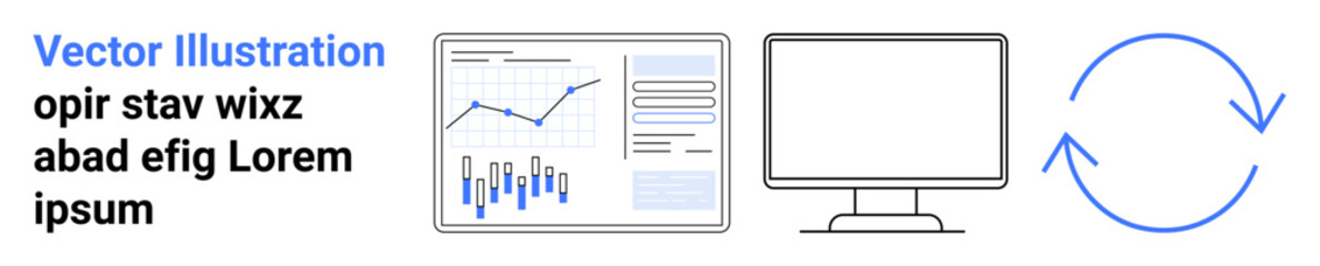 Graph chart on monitor, desktop screen, refresh symbol, and placeholder text convey data analysis, technology, and workflow. Ideal for business analytics, technology, data visualization, IT setups