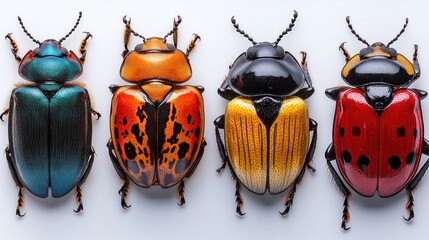 Four vibrant beetles arranged in a row on white background.