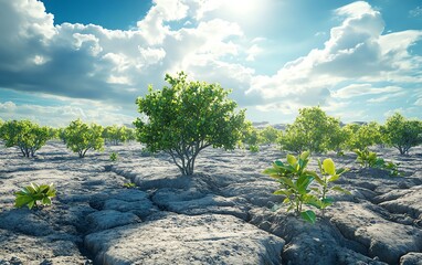 Land restoration 3D background, World Environment Day 2024, GenerationRestoration, lush green trees emerging in dry landscapes, desertification solutions