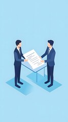 Isometric illustration of two businessmen shaking hands over an off-white table with papers on it, against a blue background, in the style of a vector illustration with a flat design