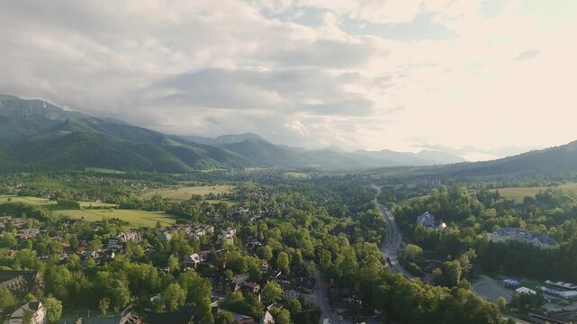 air flyover city of zakopane at sunset in summer