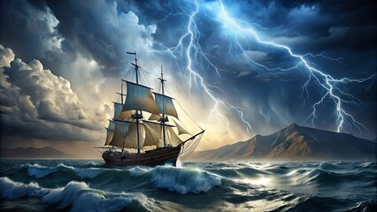 A solitary sailing vessel braves the tempestuous sea, its sails billowing in the wind as lightning streaks across the stormy sky, a dramatic display of nature's power.