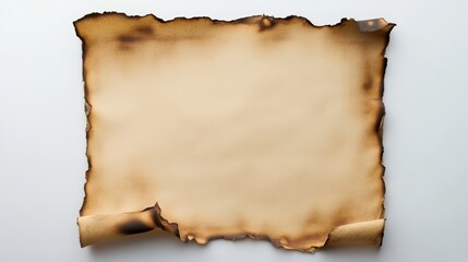 A piece of antique-looking paper with burnt edges on a white background