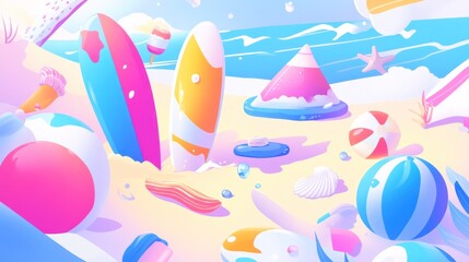 Obraz premium Pastel Beach Scene with Surfboards and Beach Balls