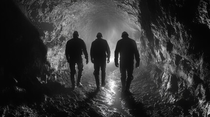 Fototapeta premium Three Silhouettes Walking Through a Dark Tunnel