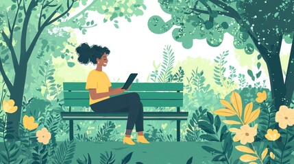 Tranquil Freelancer in Nature - 2D Flat Illustration of a Freelancer Working on Tablet on Park Bench Surrounded by Greenery