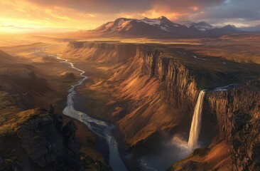 Naklejka premium Majestic Waterfall Cascading Down Rugged Mountain Cliffs At Sunset