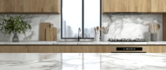 Blurred kitchen interior with a white marble countertop and wooden cabinets. Background for a product presentation mockup. Minimalist home design concept