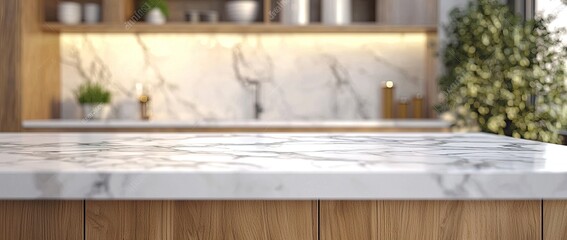Blurred kitchen interior with a white marble countertop and wooden cabinets. Background for a product presentation mockup. Minimalist home design concept