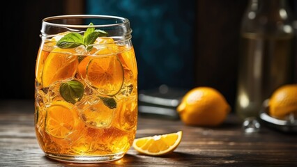 A close-up image of a refreshing orange drink filled with ice
