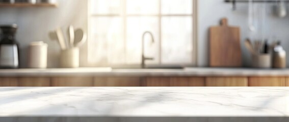 Blurred kitchen interior with a white marble countertop and wooden cabinets. Background for a product presentation mockup. Minimalist home design concept