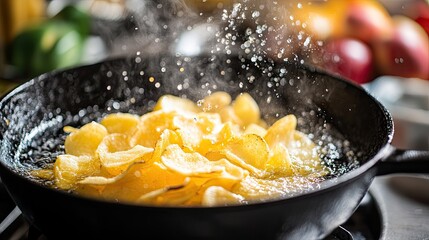 Crispy Potato Chips Frying in Oil in a Kitchen Setting