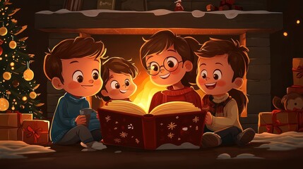 Cozy Holiday Storytime - Children Listening to Parent Read Aloud by Fireplace in 2D Illustration