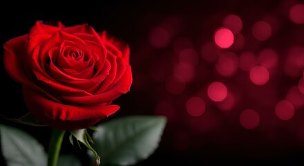 A vibrant red rose with detailed petals is showcased against a black background with red bokeh.