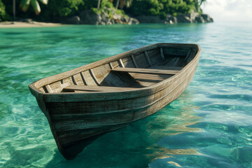 Obraz premium a wooden boat floats on clear turquoise water near a lush island showcasing a beautiful tropical setting