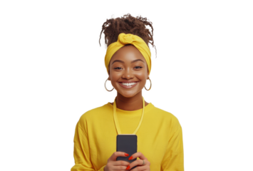 Portrait of happy woman in yellow shirt with phone commenting post in social media app isolated