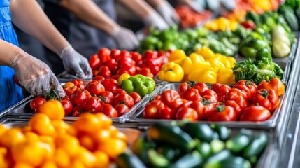 Fresh Produce Displayed in Metal Trays with Gloved Hands