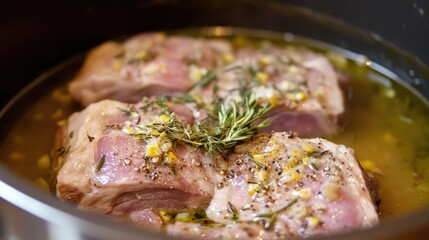 Juicy Pork Chops with Herbs, Garlic, and Olive Oil in Cooking Pot