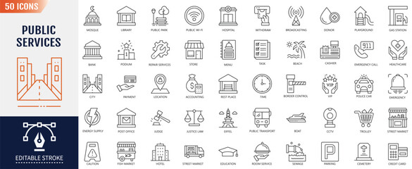 Public Services Editable Line Icon set. Containing policy, community, government employee, public finance, interest, transport icon. Vector Illustration