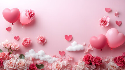 Colorful balloons and roses on pink background with hearts