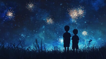 Two Silhouettes of Boys Watching Fireworks at Night