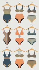 A vector illustration of different swimsuit designs including bikinis, one-piece, and high leg cut swimsuits on a solid background