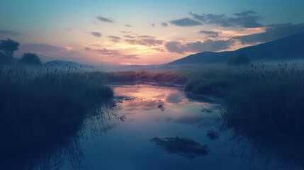 Fototapeta premium Serene sunset reflecting on calm river in misty landscape.