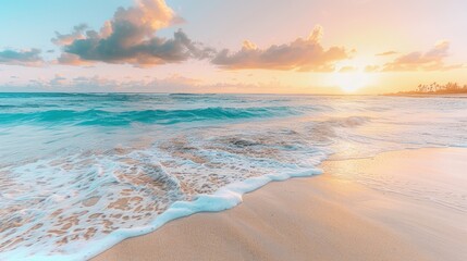 Obraz premium High-end photography of a serene beach at sunset, with waves gently lapping the shore and the sky ablaze with colors