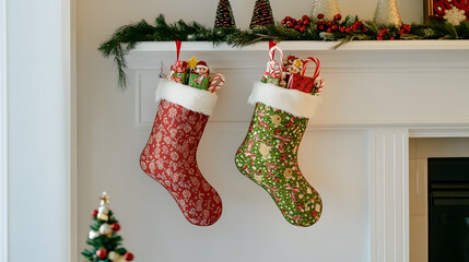 Two Christmas stockings filled with candy and gifts hang on a white mantelpiece adorned with evergreen garland and berries. A festive scene of holiday cheer.