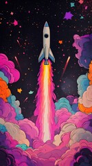 A rocket taking off into space, surrounded by colorful smoke clouds, in the style of vector illustration, flat design