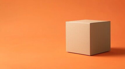 Simple minimalist shot of a tan cardboard box on an orange background Premium packaging box mockup for displaying a marketing advertisement for a product