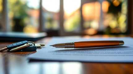 Keys, Pen, and Document on Wooden Table with Blurry Background