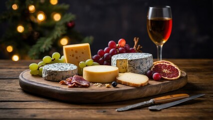 cheese and charcuterie board served on a wooden table with Christmas theme