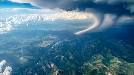 A tornado winding through a mountain valley viewed from an airplane.