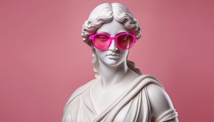 A white marble statue of ancient greek goddess wearing modern pink sunglasses on a pastel background
