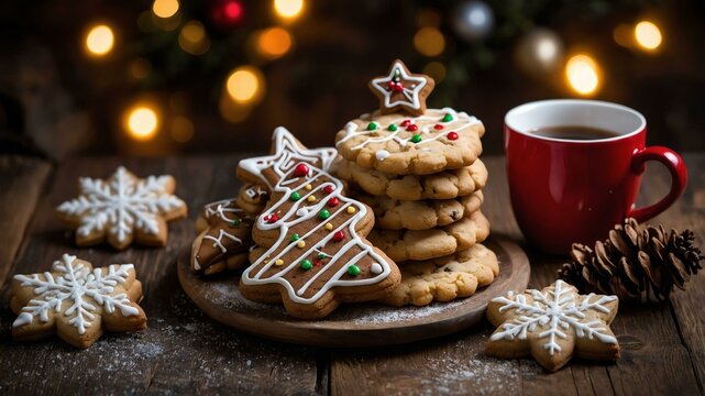 christmas cookies served on a wooden table with Christmas theme