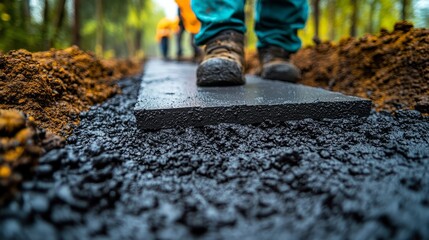 Naklejka premium Men are focused on paving a new path, surrounded by nature, with trees offering a serene backdrop