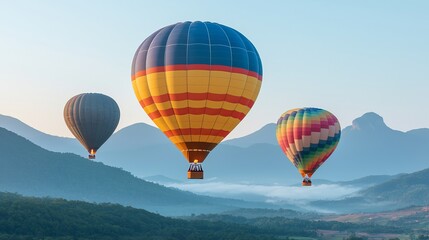 Fototapeta premium Colorful hot air balloons soar above serene mountains at sunrise, creating a picturesque and tranquil scene.
