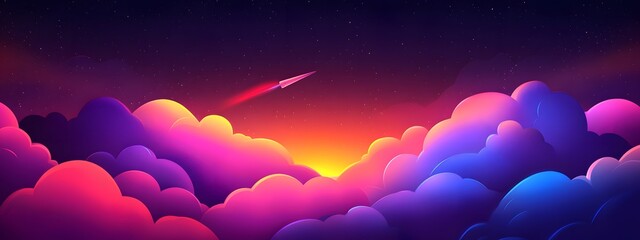 A rocket taking off into space, surrounded by colorful smoke clouds, in the style of vector illustration, flat design