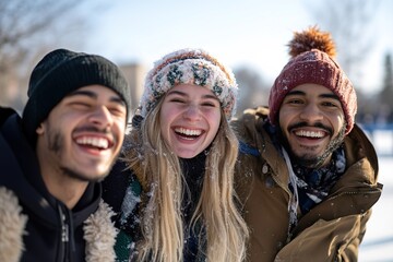 Three friends laughing in winter, snowflakes on hair