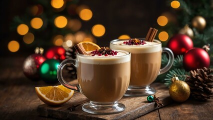 eggnog or mulled wine served on a wooden table with Christmas theme