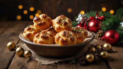 garlic knots served on a wooden table with Christmas theme