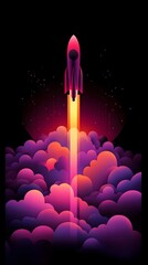 A rocket taking off into space, surrounded by colorful smoke clouds, in the style of vector illustration, flat design
