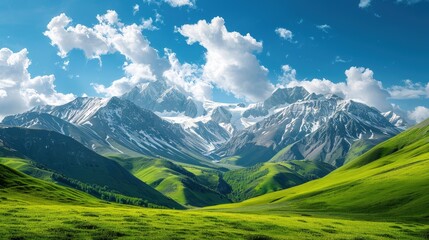 Fototapeta premium High-end photography of a serene mountain landscape with green meadows and snow-capped peaks under a blue sky