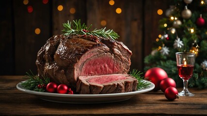 prime rib roast served on a wooden table with Christmas theme