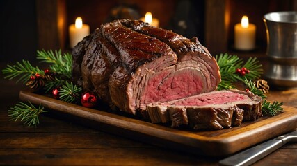 prime rib roast served on a wooden table with Christmas theme