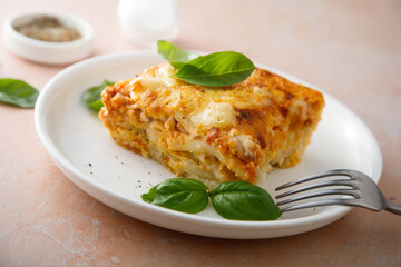 Homemade meatless lasagna with basil