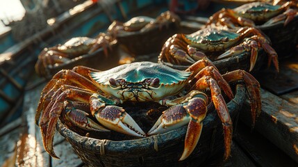 Colorful crabs sit nestled in handmade baskets, catching the warm golden light of the setting sun