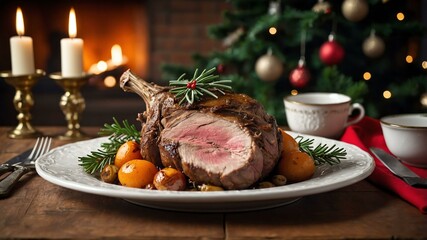 roast leg of lamb served on a wooden table with Christmas theme
